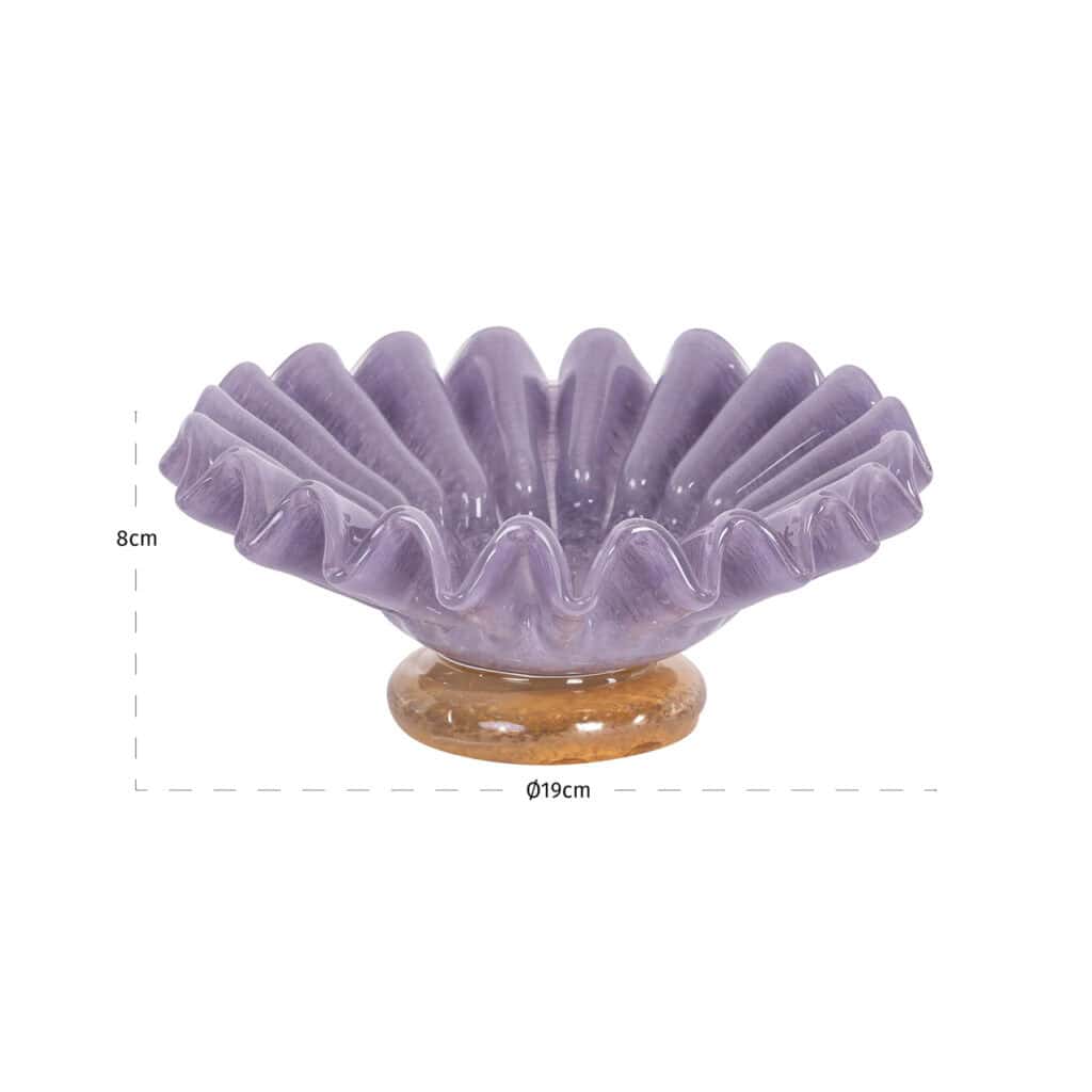 Purple glass Bowl with a ruffled rim and wooden base.