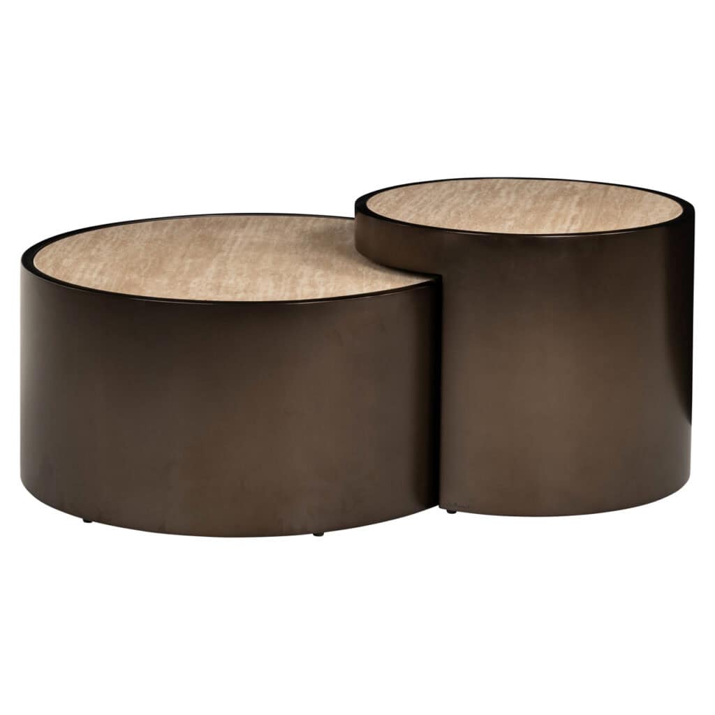 Bijzettafels in zwart met houten top, ideaal voor moderne woonruimtes.