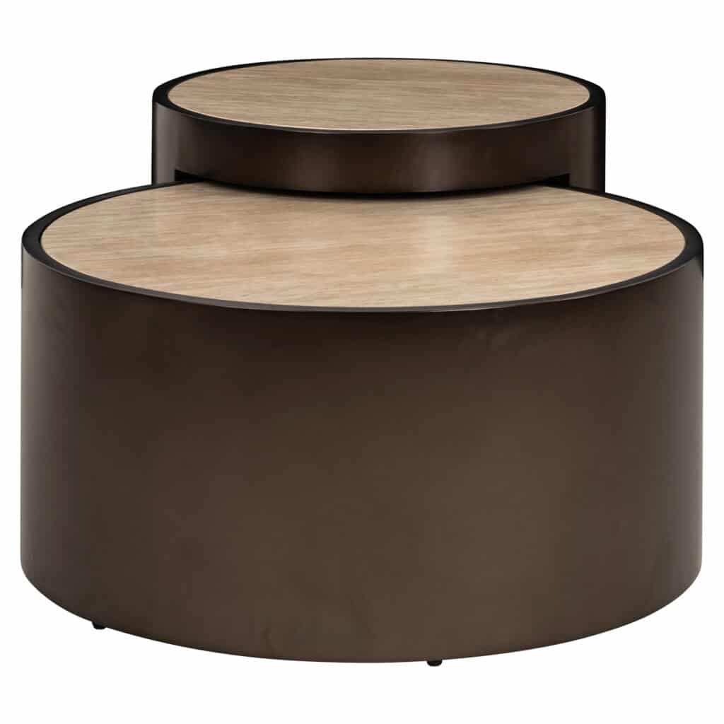 Bijzettafels in zwart met houten bovenkant, ideaal voor moderne woonruimtes.