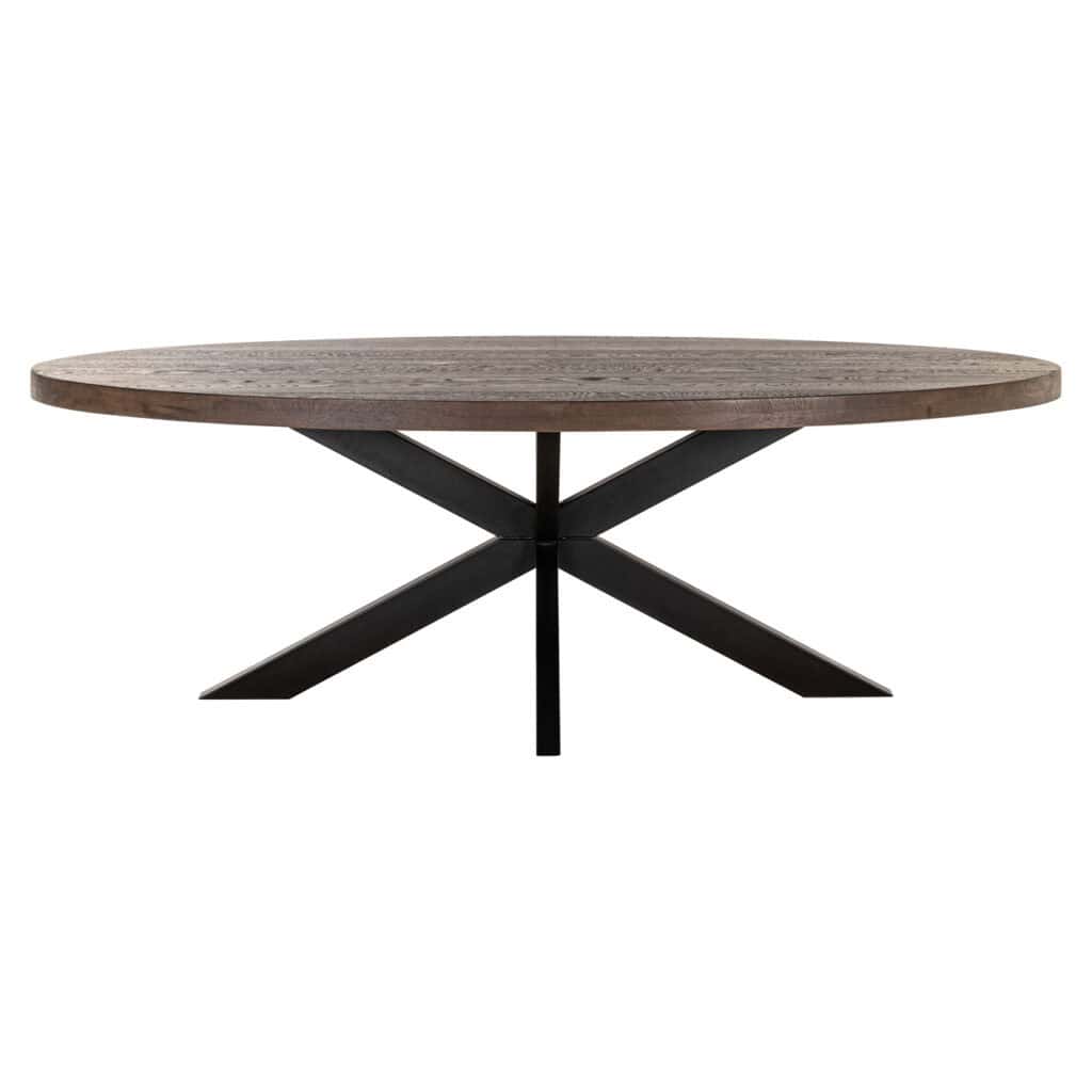 Modern wooden dining table with a black metal base, perfect for stylish dining rooms.