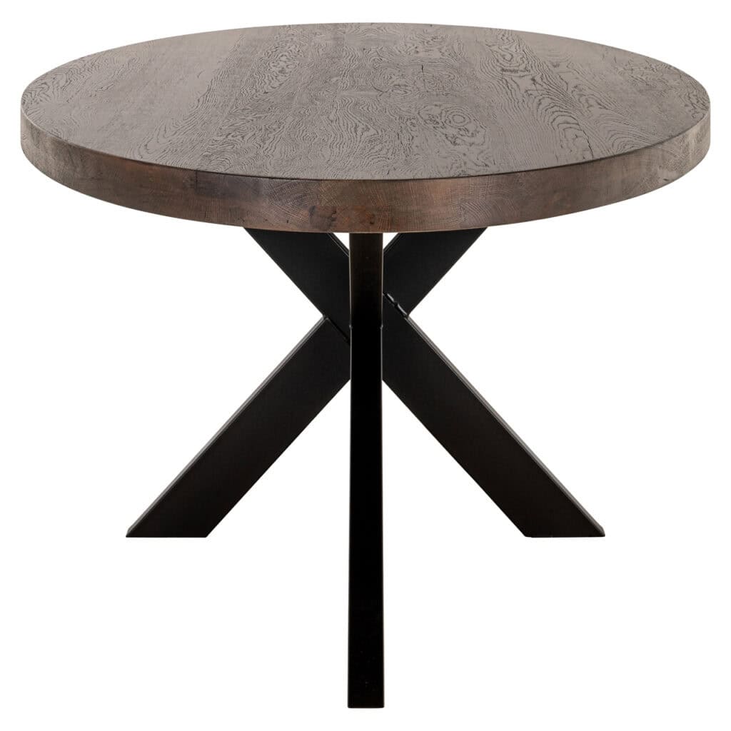 Modern wooden dining table with a black metal base, perfect for stylish interiors.