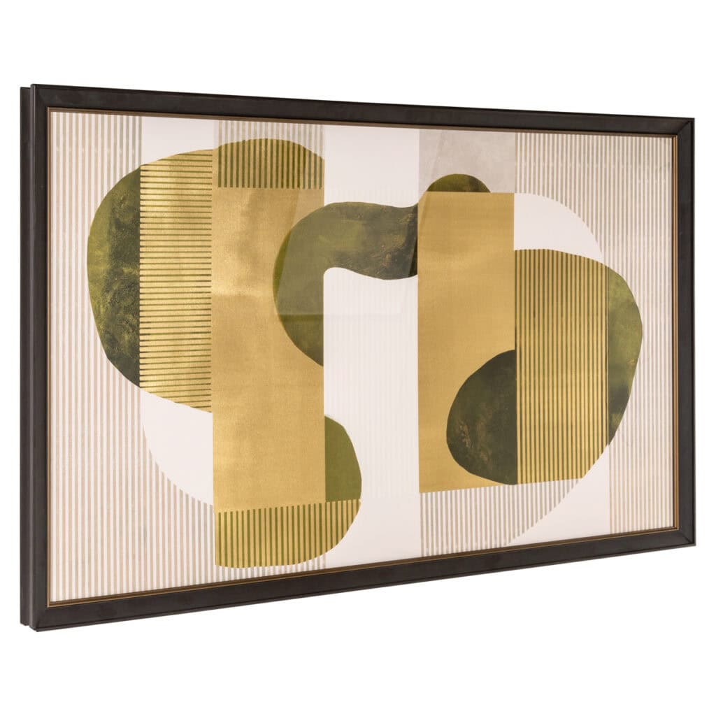 Moderne abstrakte Wandkunst in Grün- und Goldtönen.