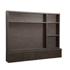 Donkerbruin TV-meubel met 3 deuren en 2 lades, modern design.
