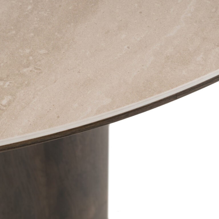 Modern dining table with a marble top and wooden base, a stylish home accessory.