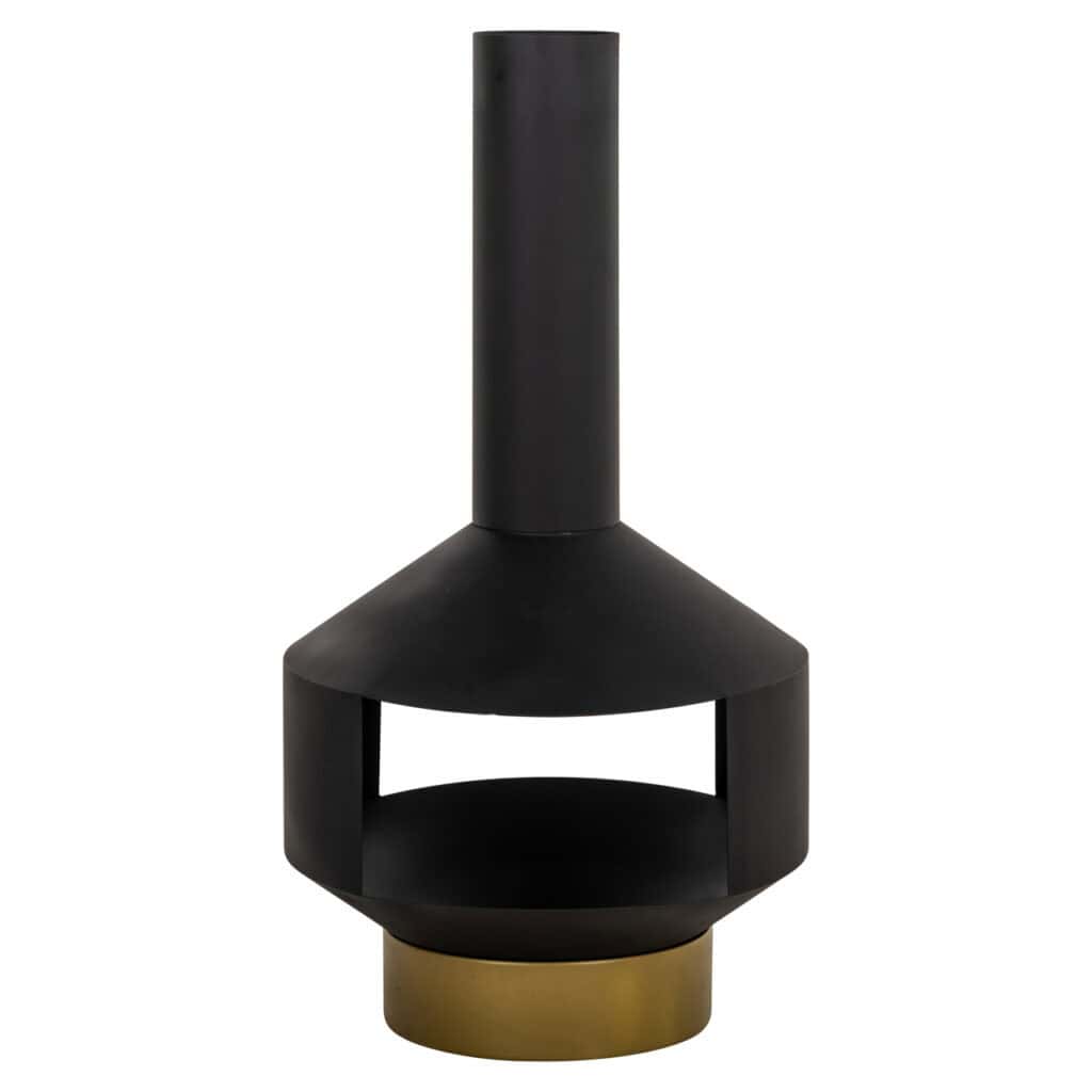 Modern black Quinn fire pit Quinn a gold-colored base for outdoor use.