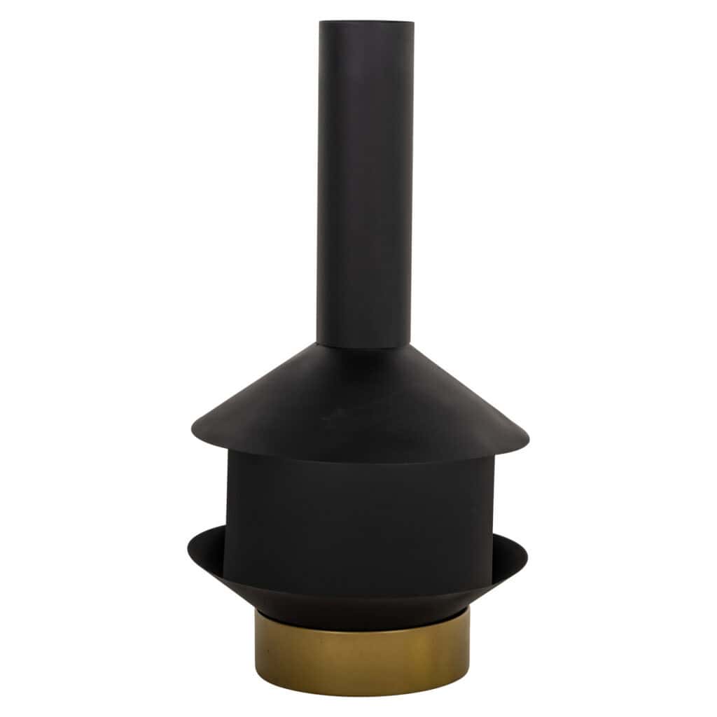 Modern black Quinn fire pit Quinn a gold-colored base for outdoor use.