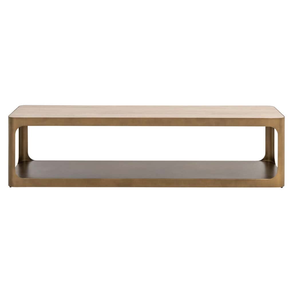 Modern beige Claridge TV stand with an open storage drawer and a wood finish.