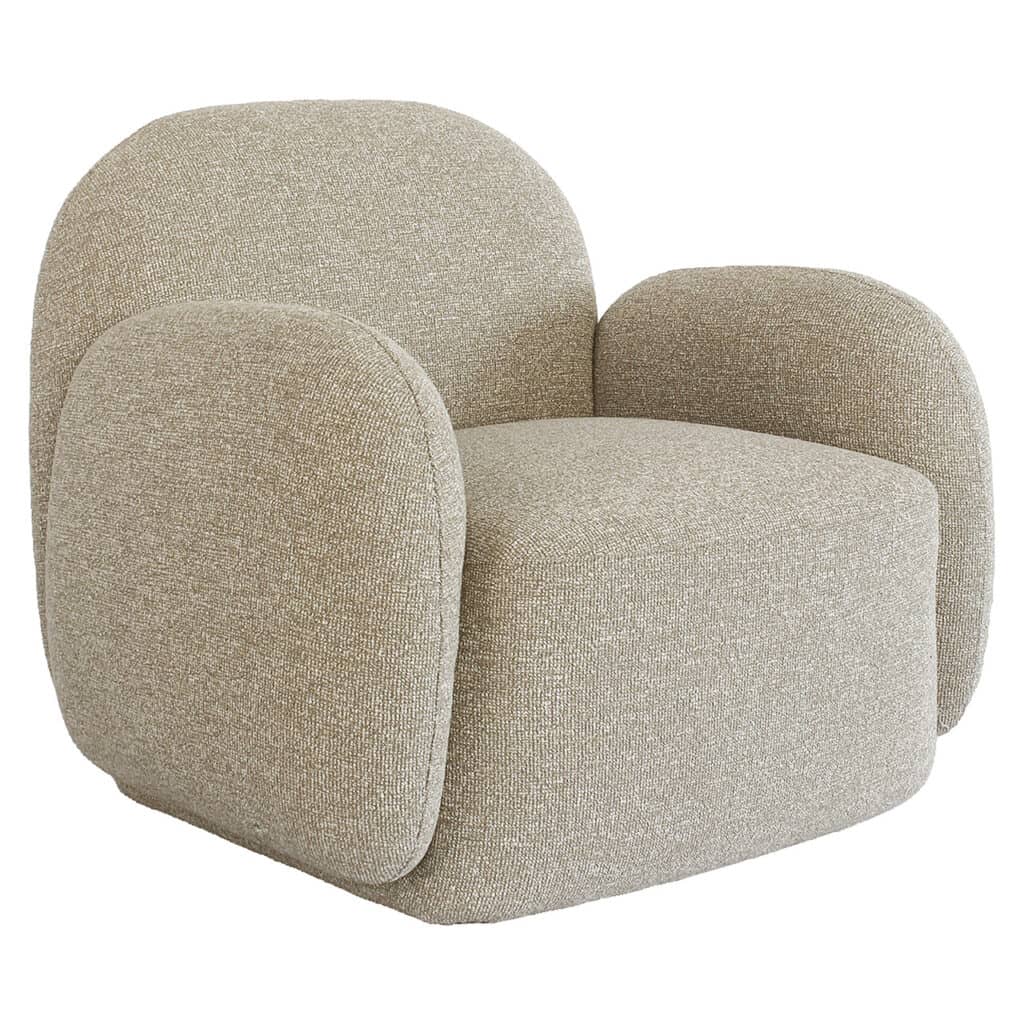 Moderner, beige gepolsterter Sessel für eine stilvolle Inneneinrichtung.
