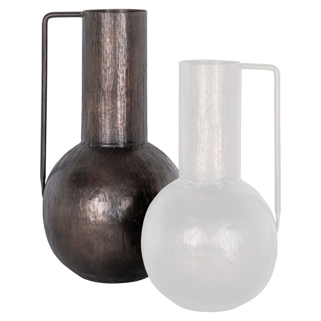 Modern copper and white vase set for home decor.
