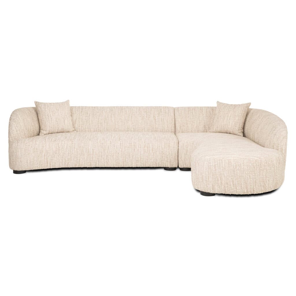 Moderne beige hoekbank met comfortabele kussens, perfect voor stijlvolle woonkamers.