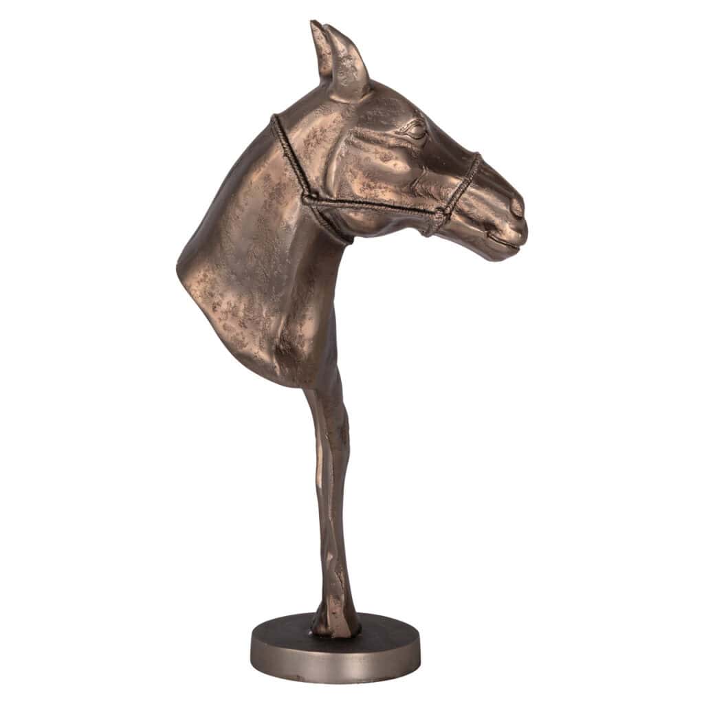 Moderne metalen paardensculptuur met hals en hoofd detail, op ronde basis.
