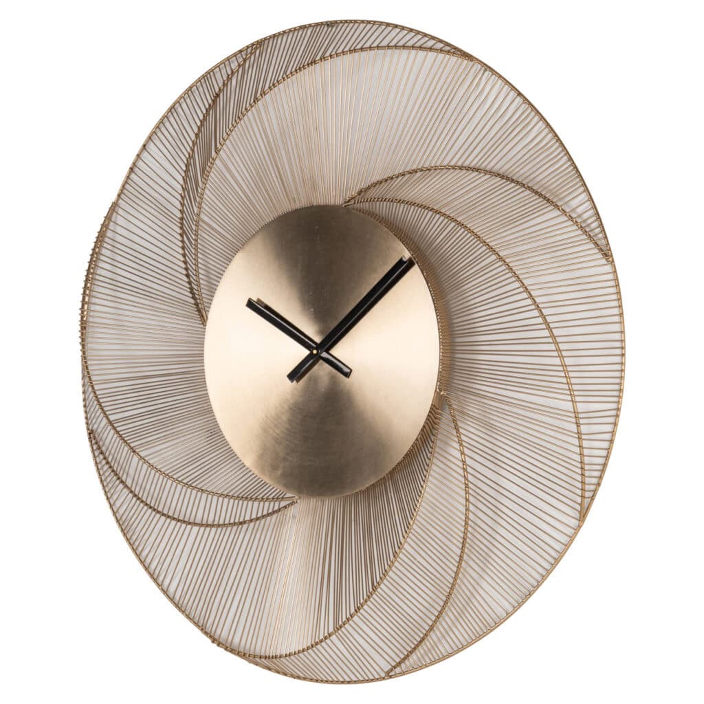 Horloge murale moderne avec des spirales métalliques et un design minimaliste, idéale pour la décoration d'intérieur.