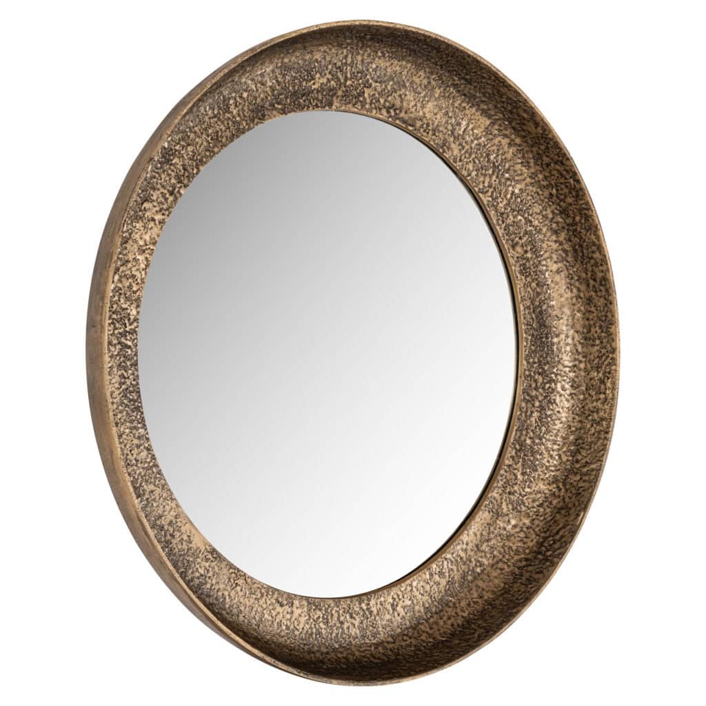 Gouden ronde spiegel met antieke afwerking voor stijlvolle interieurdecoratie.