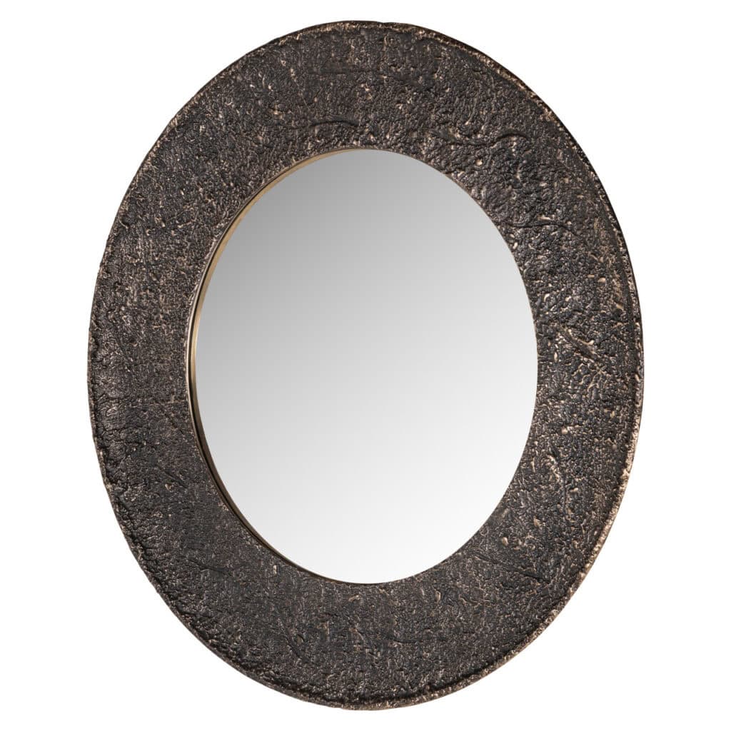 Round mirror with a black, rustic frame for modern interiors.