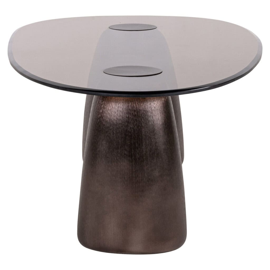 Moderne eettafel met glazen blad en houten onderstel, perfect voor stijlvolle interieurs.