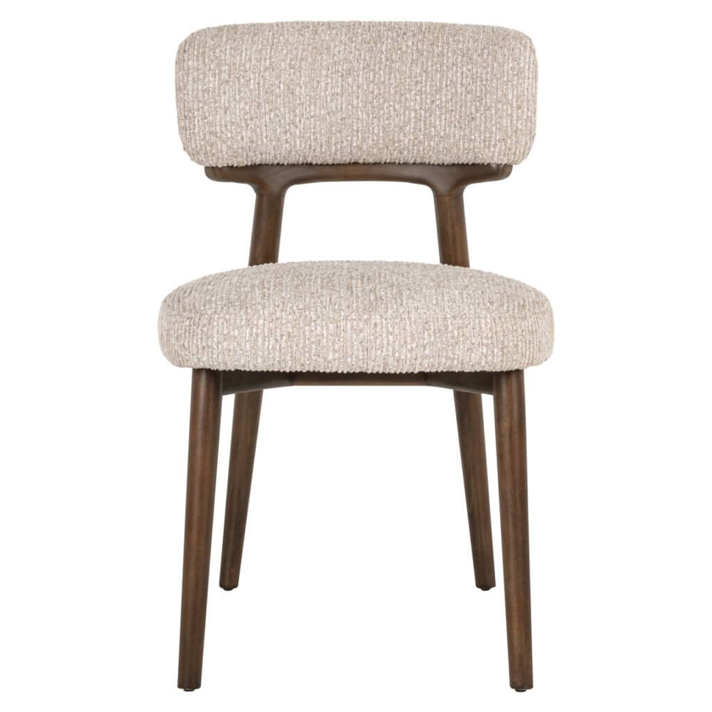 Moderne stoffen eetkamerstoel met houten poten en comfortabele zitting, perfect voor interieurdesign.