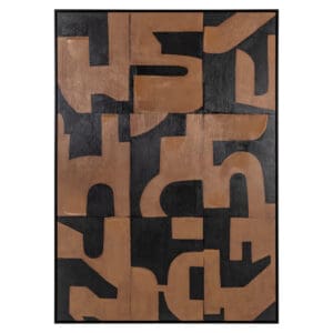 Abstrakter geometrischer Teppich mit schwarzen und braunen Formen, modernes Design für zeitgenössische Innenräume.
