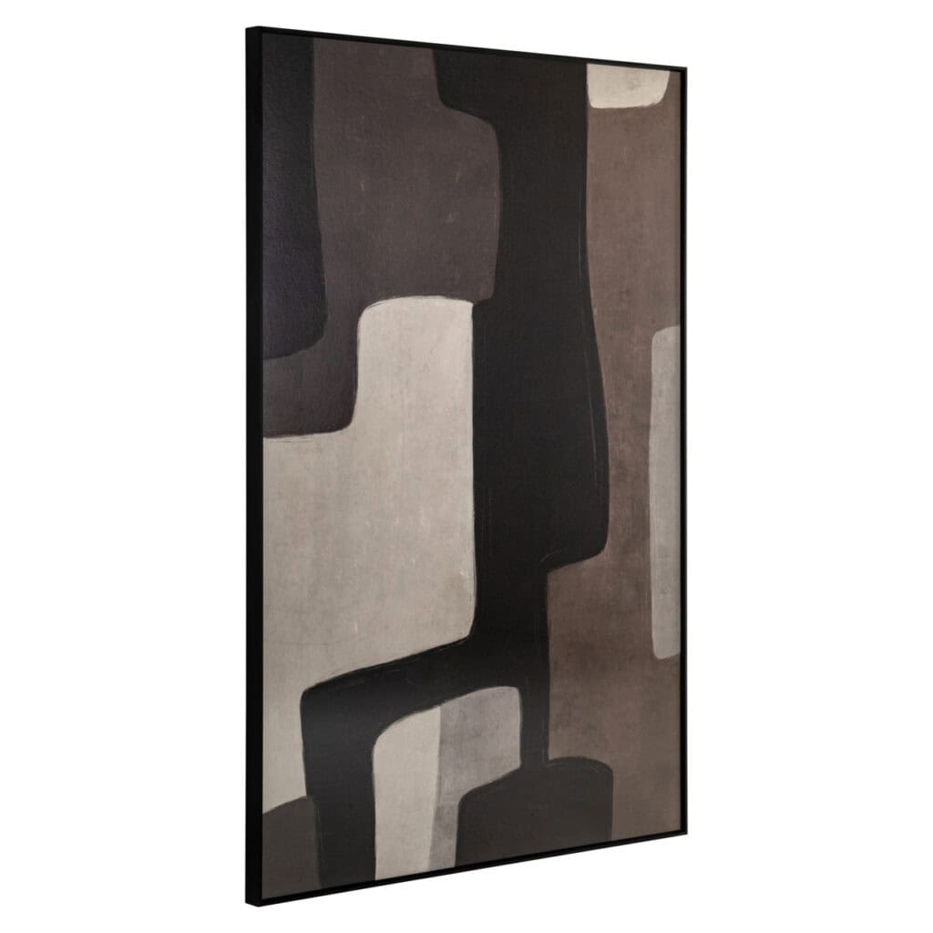 Abstrakte Wandkunst mit geometrischen Formen in neutralen Farbtönen für eine stilvolle Inneneinrichtung.
