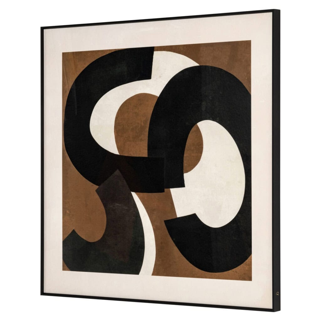 Abstrakter Kunstdruck mit geometrischen Formen in neutralen Farben für eine moderne Inneneinrichtung.