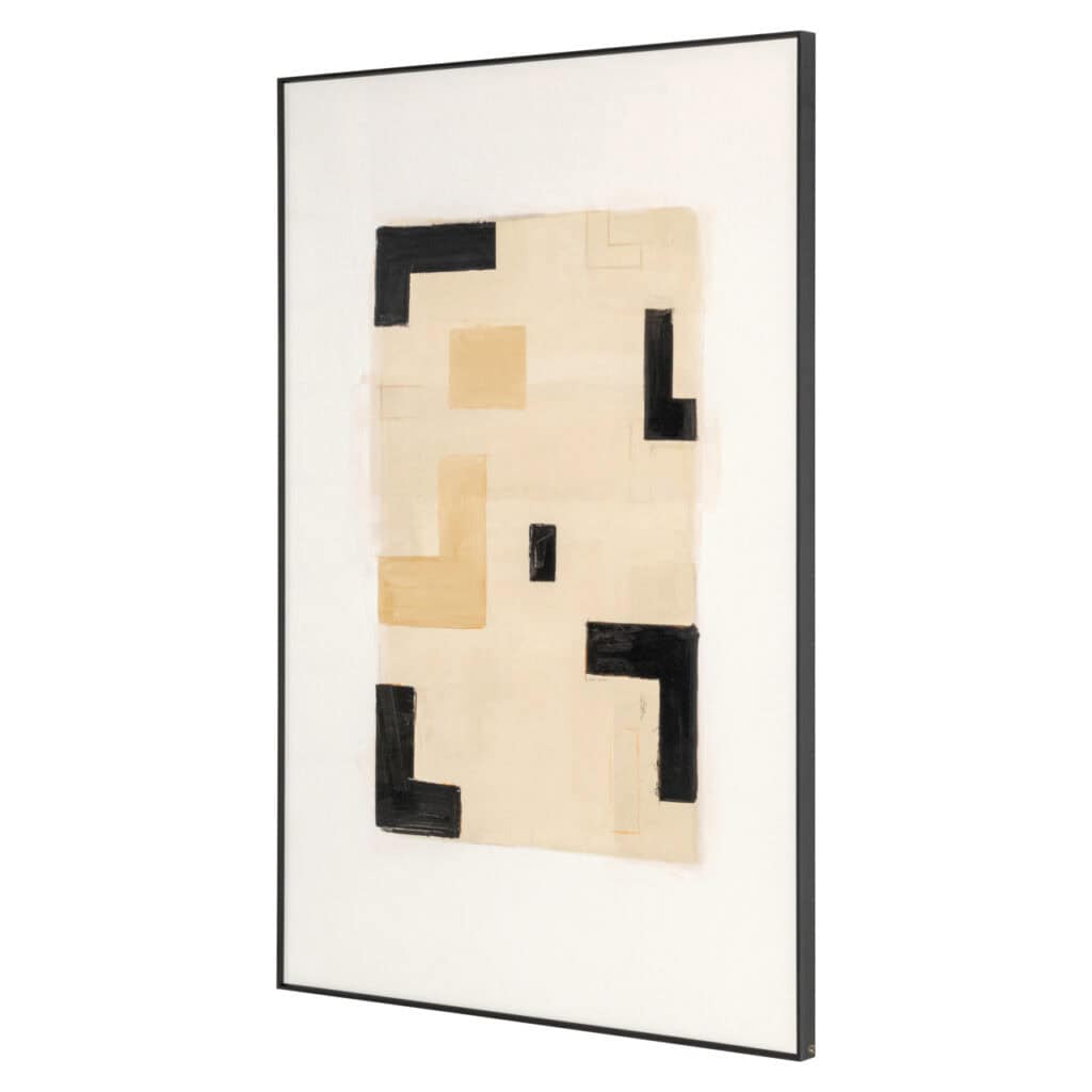 Œuvre d'art abstraite aux nuances de noir, de beige et de crème, idéale pour une décoration d'intérieur moderne.