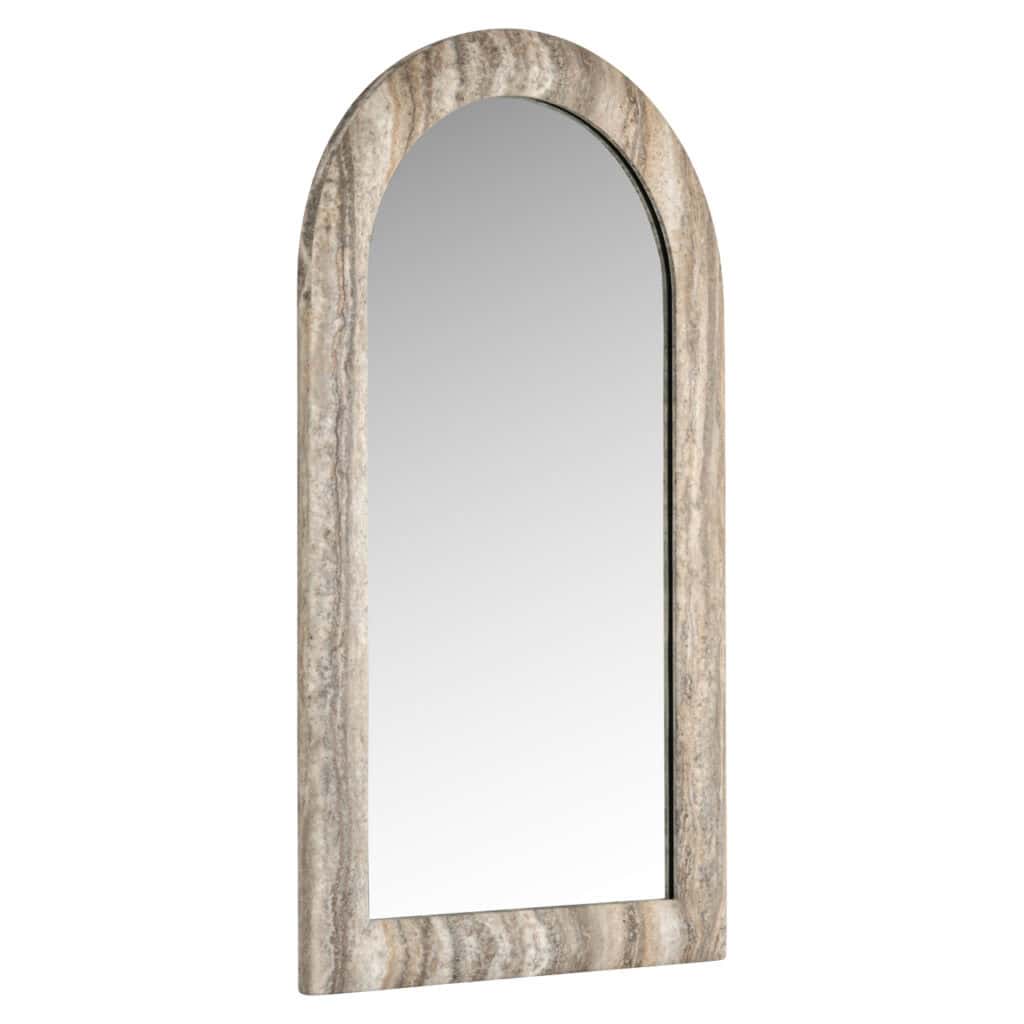 Mirror with a wooden frame and an arched top, featuring a modern and rustic design.