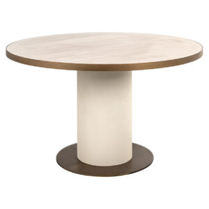 Dining table with a modern wooden top and a unique base design, perfect for stylish dining rooms.