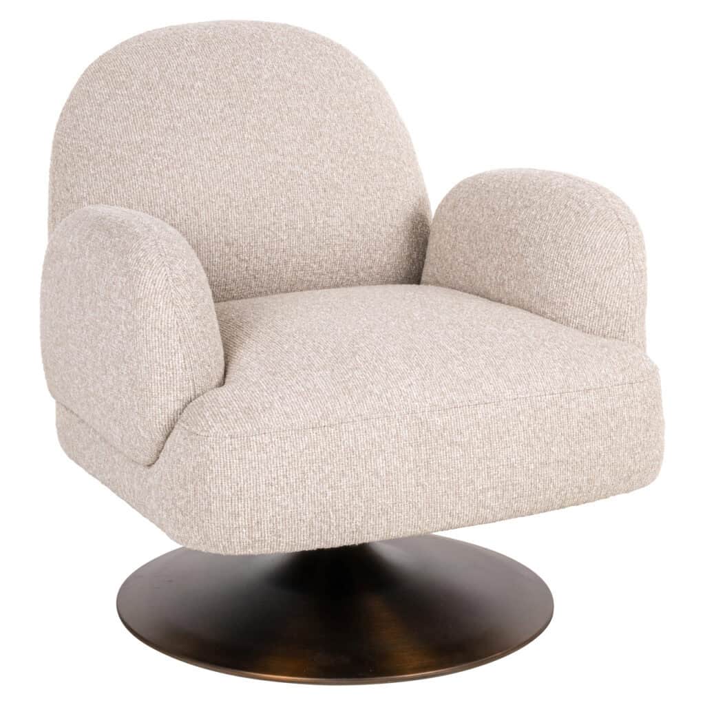 Modern beige lounge chair with rounded armrests and a black round base.