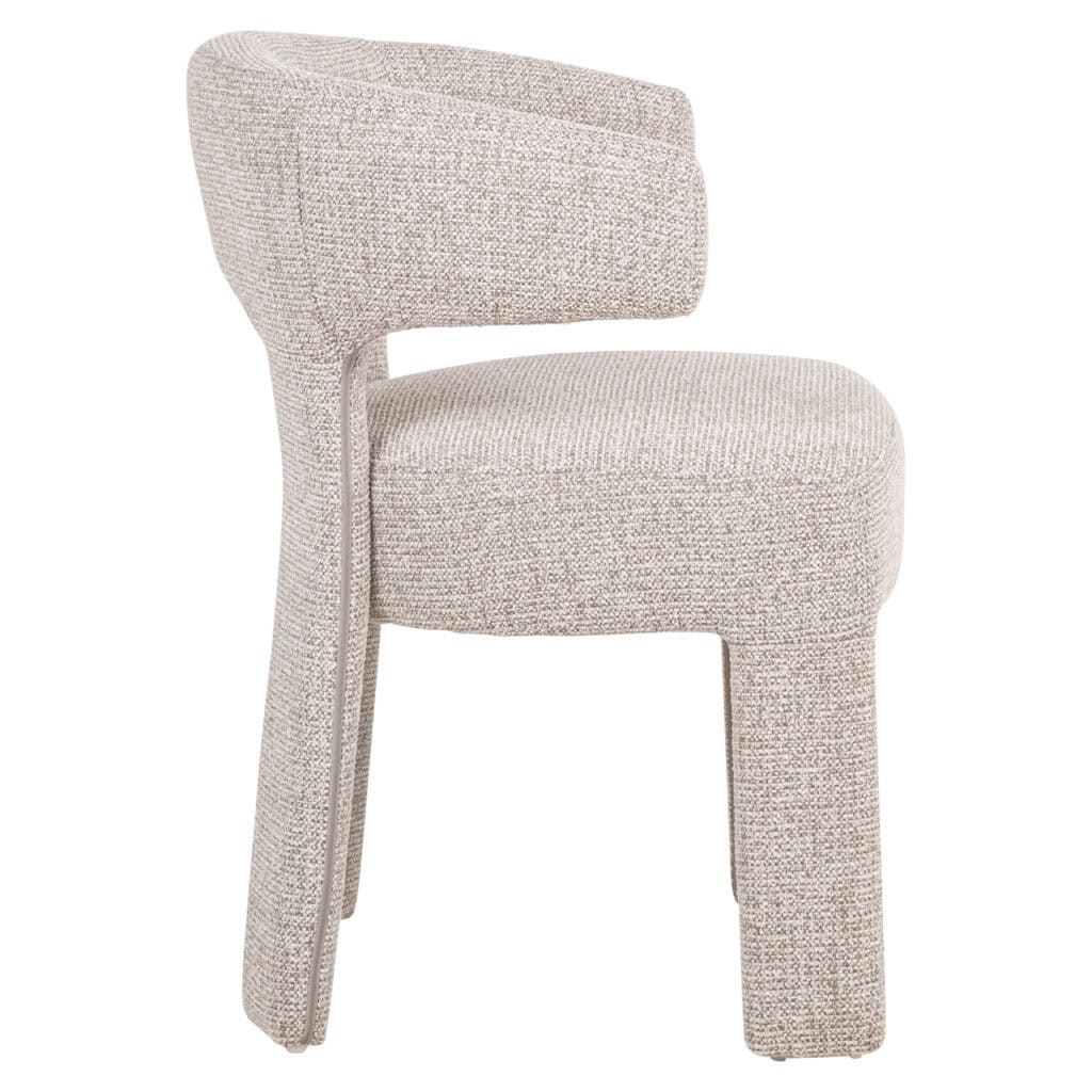 Wooden dining chair with beige fabric upholstery and a modern design.