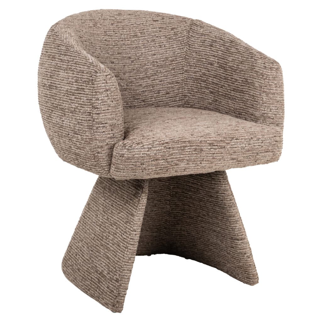 Moderne houten stoel met gebreide bekleding, comfortabel en stijlvol.