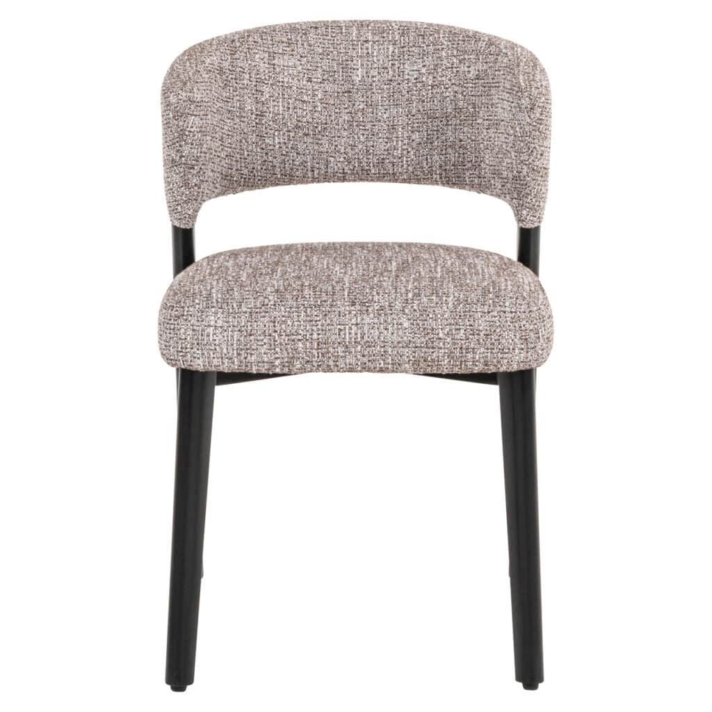 Moderner, beiger Esszimmerstuhl aus Stoff mit schwarzen Holzbeinen, elegant und bequem.
