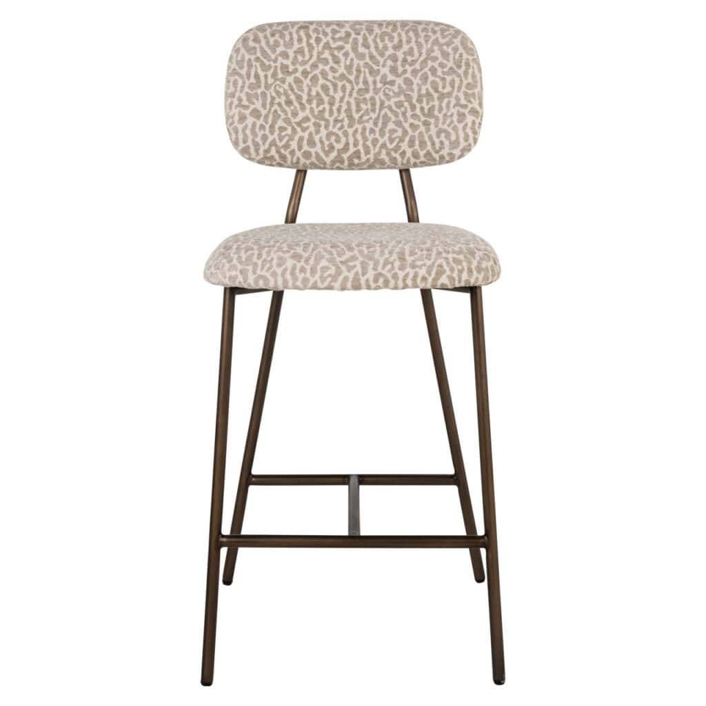 Tabouret de bar beige à imprimé animalier avec structure métallique, moderne et élégant pour la décoration d'intérieur.