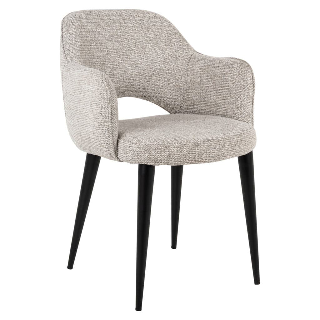 A bench with beige upholstery and black legs, perfect for modern interiors and comfortable seating.