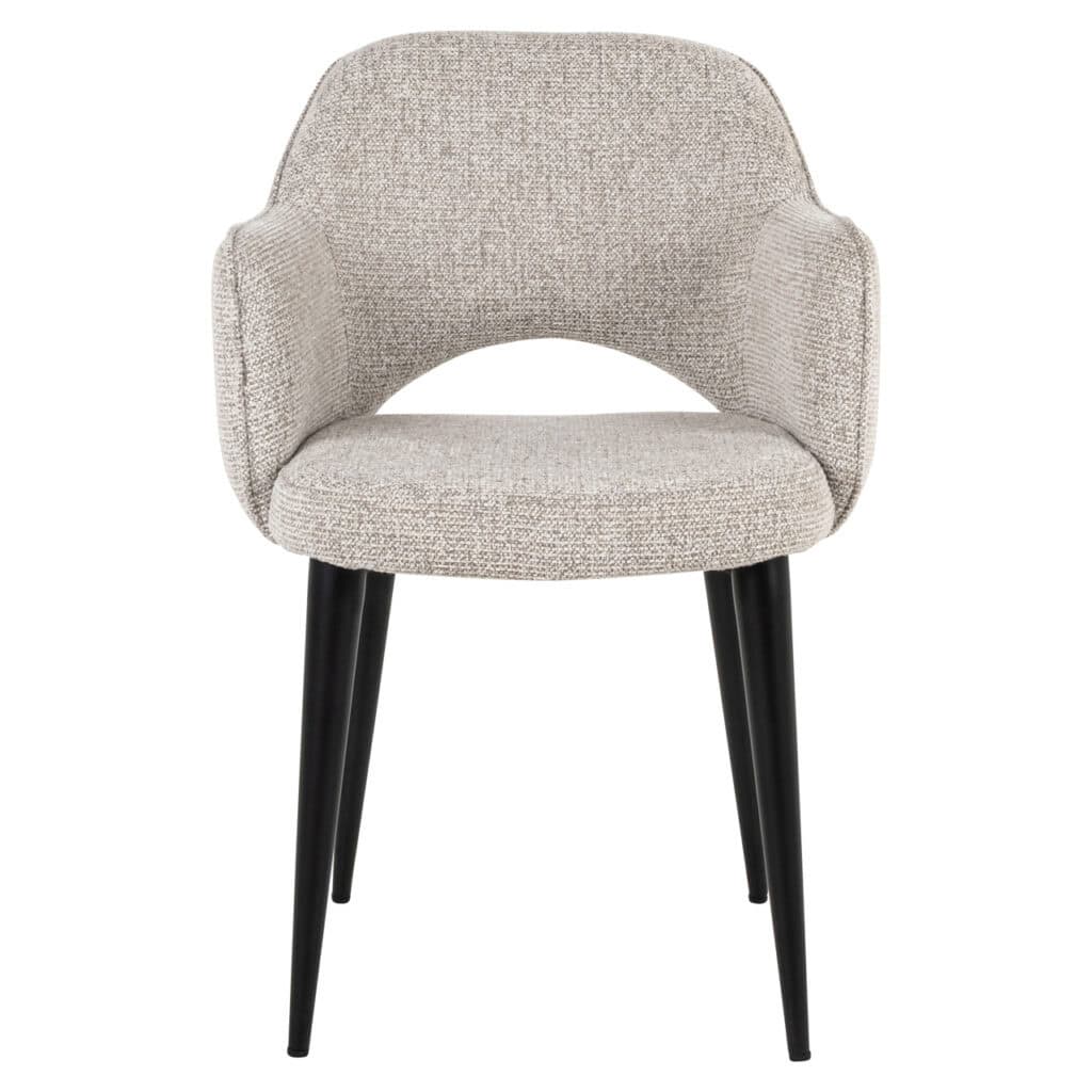 Modern beige upholstered dining chair with black wooden legs.