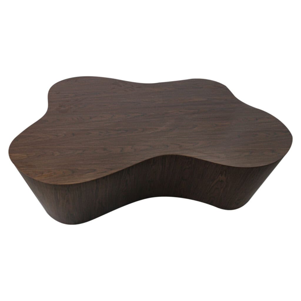 Wooden coffee table with a natural, organic shape and a dark finish.