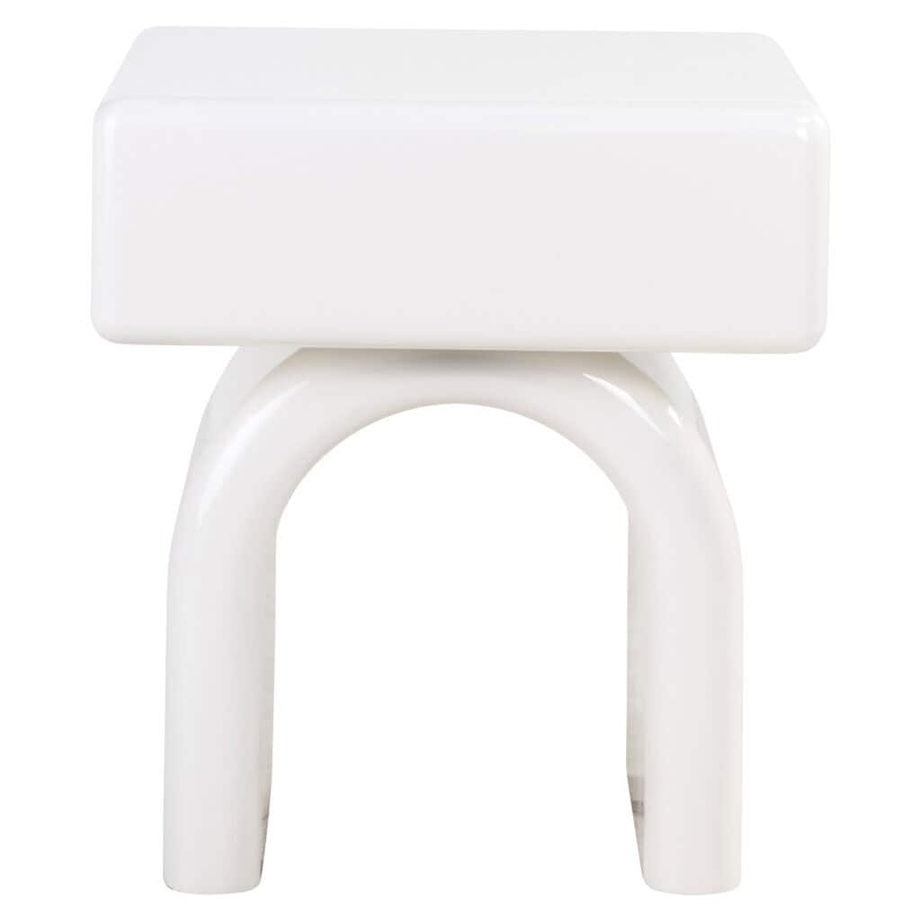 White side table with a modern, minimalist design and curved legs.