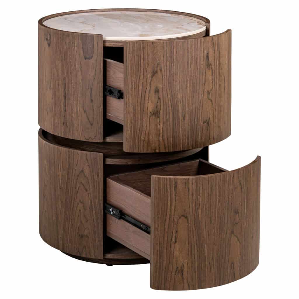 Modern wooden nightstand with hinged doors and drawers, elegant design.