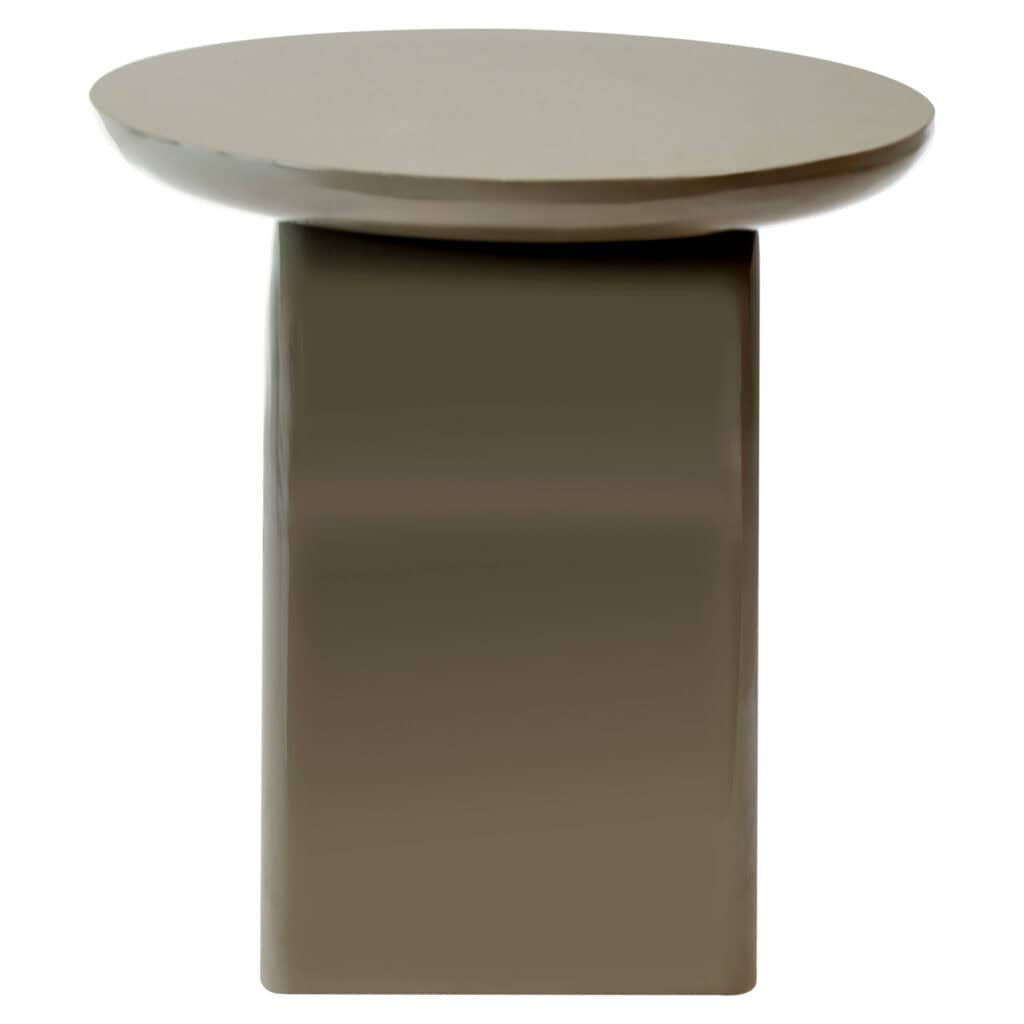 Moderne bijzettafel met ovale bovenkant en rechthoekige basis in neutrale tinten.