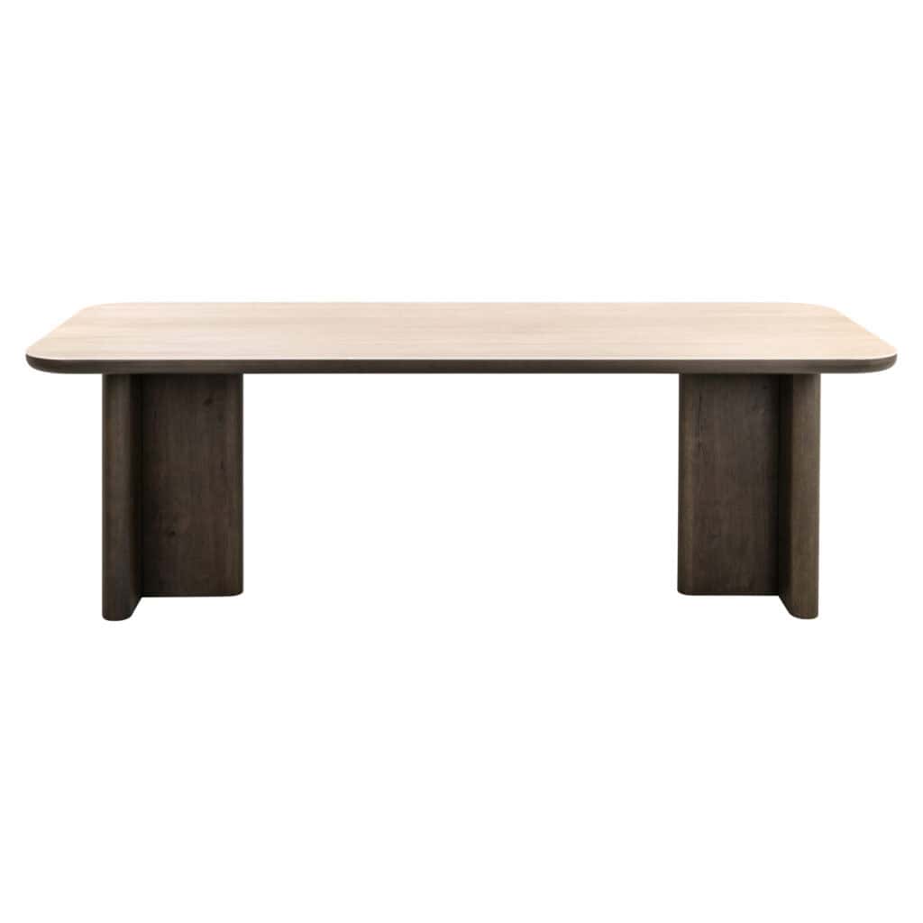 Table à dîner plateau en bois et pieds robustes en bois, idéale pour les intérieurs modernes.