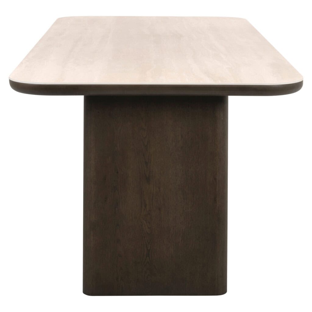 Table à dîner moderne Table à dîner un plateau en bois clair et un piètement foncé, idéale pour les intérieurs élégants.