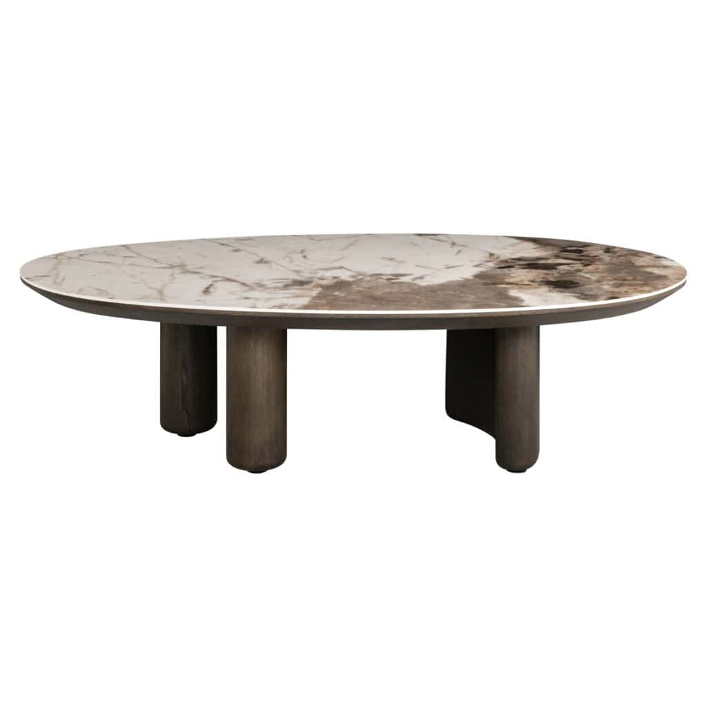 Moderner Couchtisch aus Marmor mit Holzbeinen, elegant und stilvoll für die Wohnzimmerausstattung.