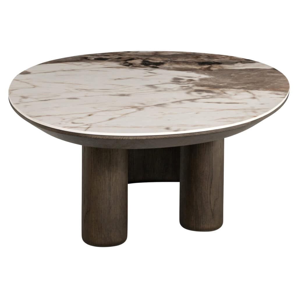 Couchtisch aus Marmor mit Holzbeinen, ein elegantes und stilvolles Möbelstück für die Wohnzimmerausstattung.