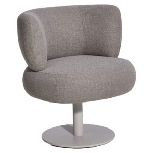 Draaistoel met zachte, grijze bekleding en ergonomisch ontwerp voor comfortabel zitten.