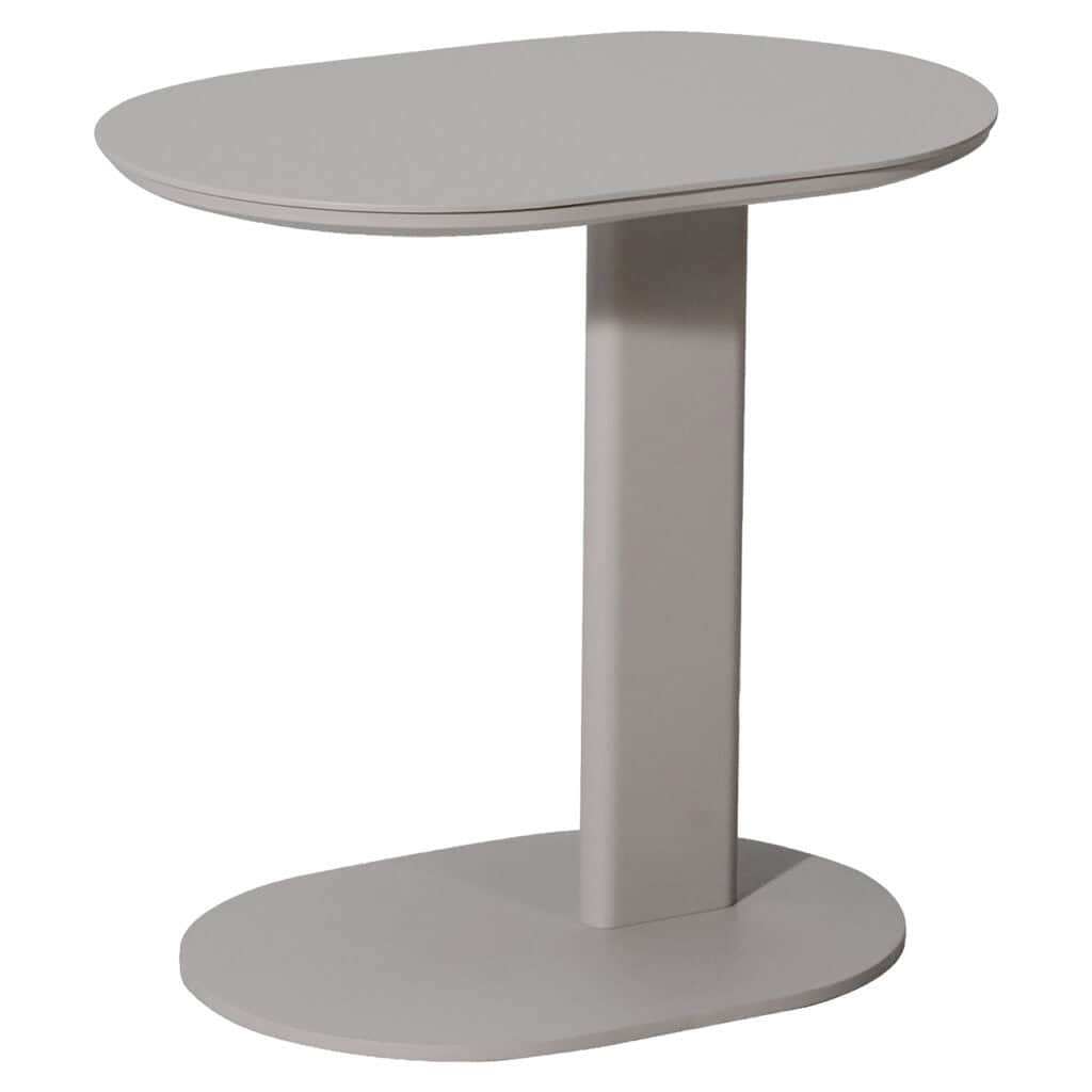 Bijzettafel met ovale top en centrale poot, minimalistisch en stijlvol.