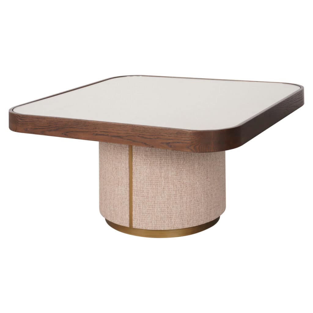 Table d'appoint moderne avec bordure en bois et piètement en tissu, un accessoire de décoration élégant et raffiné.