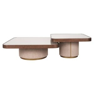 Moderner Couchtisch mit Holz- und Stoffelementen, stilvolles Wohnaccessoire.