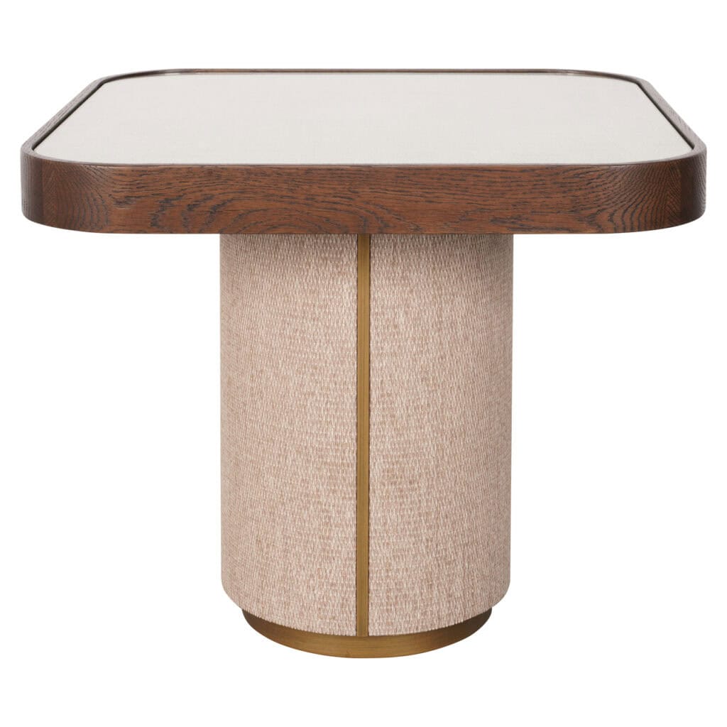 Moderne bijzettafel met houten rand en glazen blad, beige basis, stijlvolle interieuraccessoire.