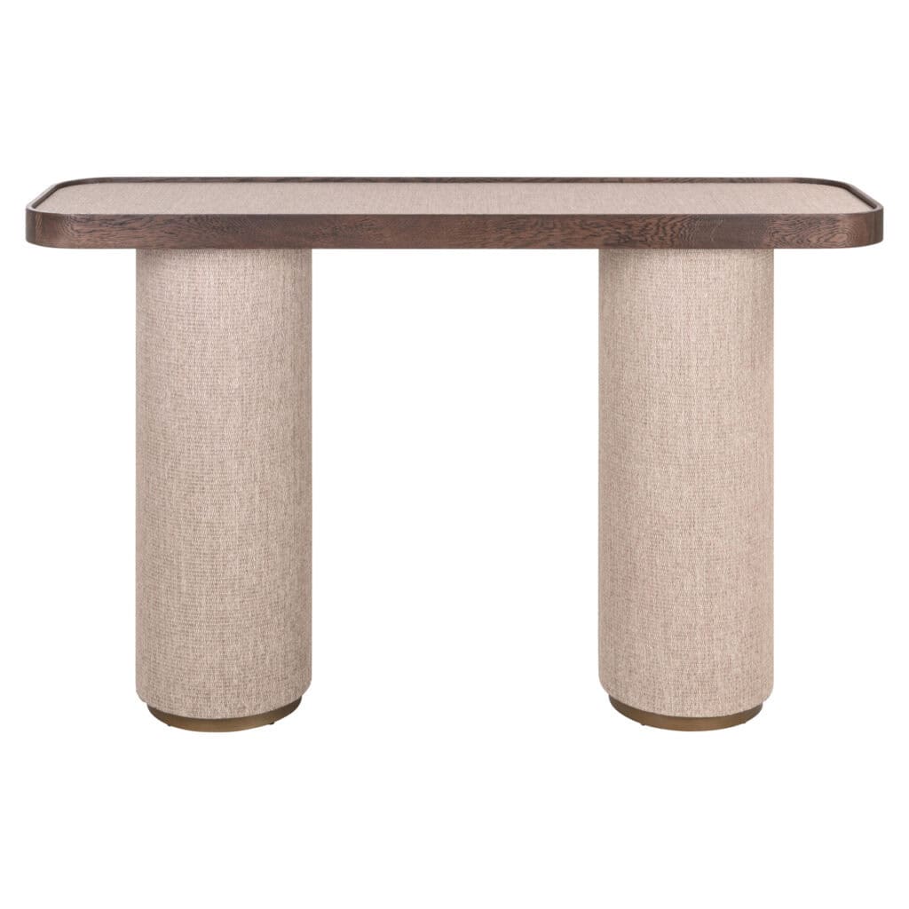 Moderne salontafel met houten blad en beige beklede poten, elegant design voor woonkamer.
