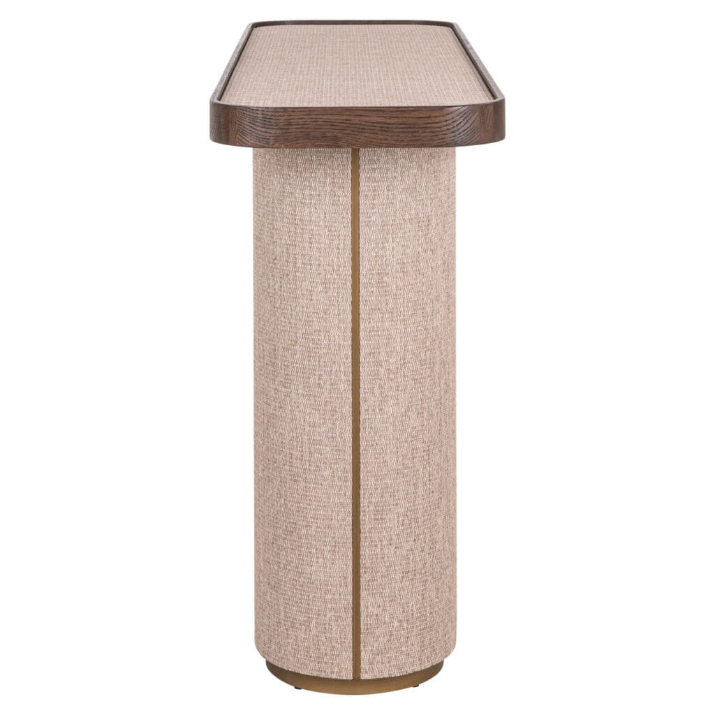Lampe moderne avec une bordure en bois et un pied en tissu, idéale pour un intérieur élégant.