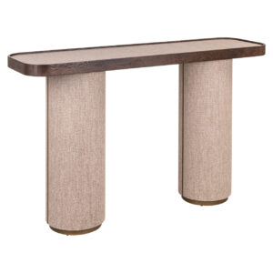 Moderne salontafel met houten blad en stoffen beklede poten, elegant design voor woonkamer.