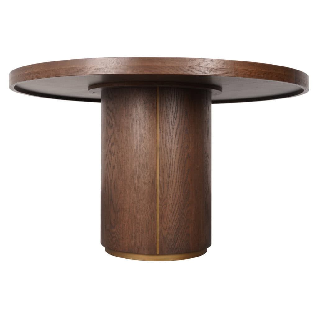 Moderne ronde houten eettafel met stevige basis, perfect voor stijlvolle eetkamers.